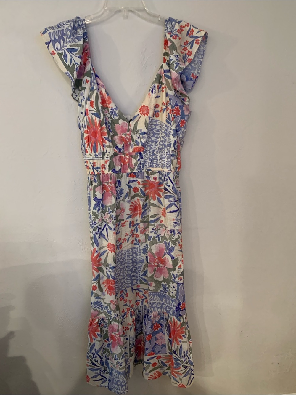 Chetta B White Floral V-Neck Ruffle Midi Dress with Blue & Pink Accents NWT XL